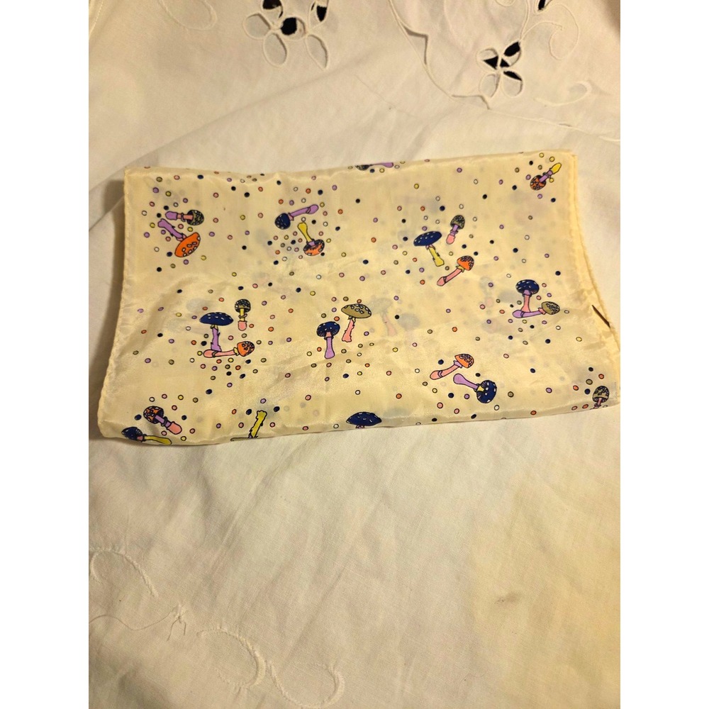 Jordache Satin Polyester Square Scarf Polka Dot Mushroom Print White Multi